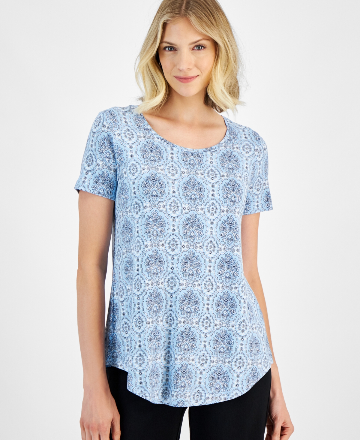 Women's Printed Short Sleeve Scoop-Neck Top, Created for Macy's - Icicle Blue Tile Combo