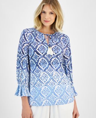 JM Collection Women s Printed 3 4 Sleeve Tassle Top Created for Macy s Macy s