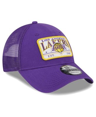 Men's Purple Los Angeles Lakers Plate Oversized Patch Trucker 9Forty Adjustable Hat