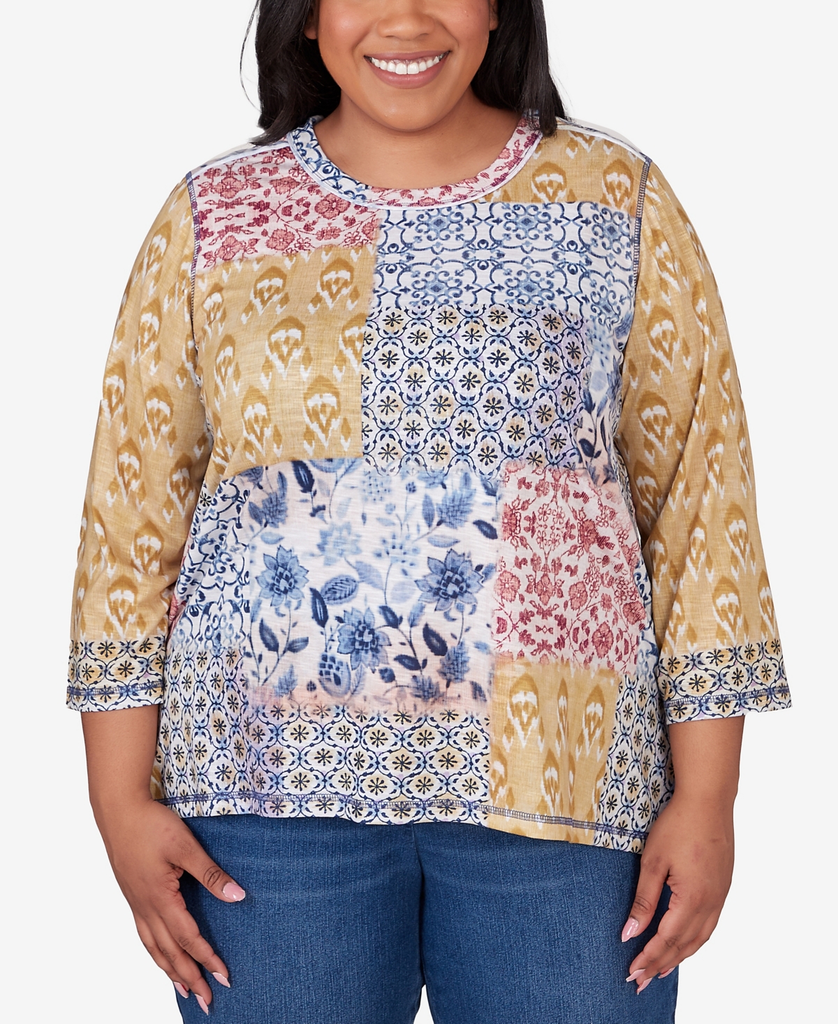 Plus Size Scottsdale Abstract Patchwork Button Down Top - Multi