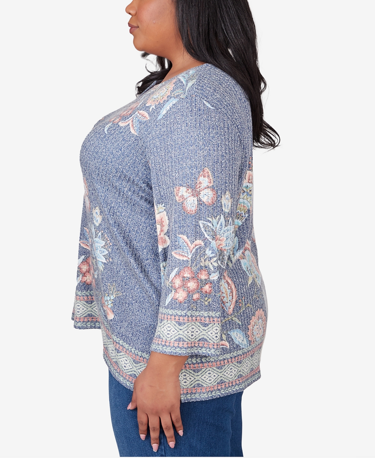 Alfred Dunner Plus Size Scottsdale Floral Border Split Neck Top