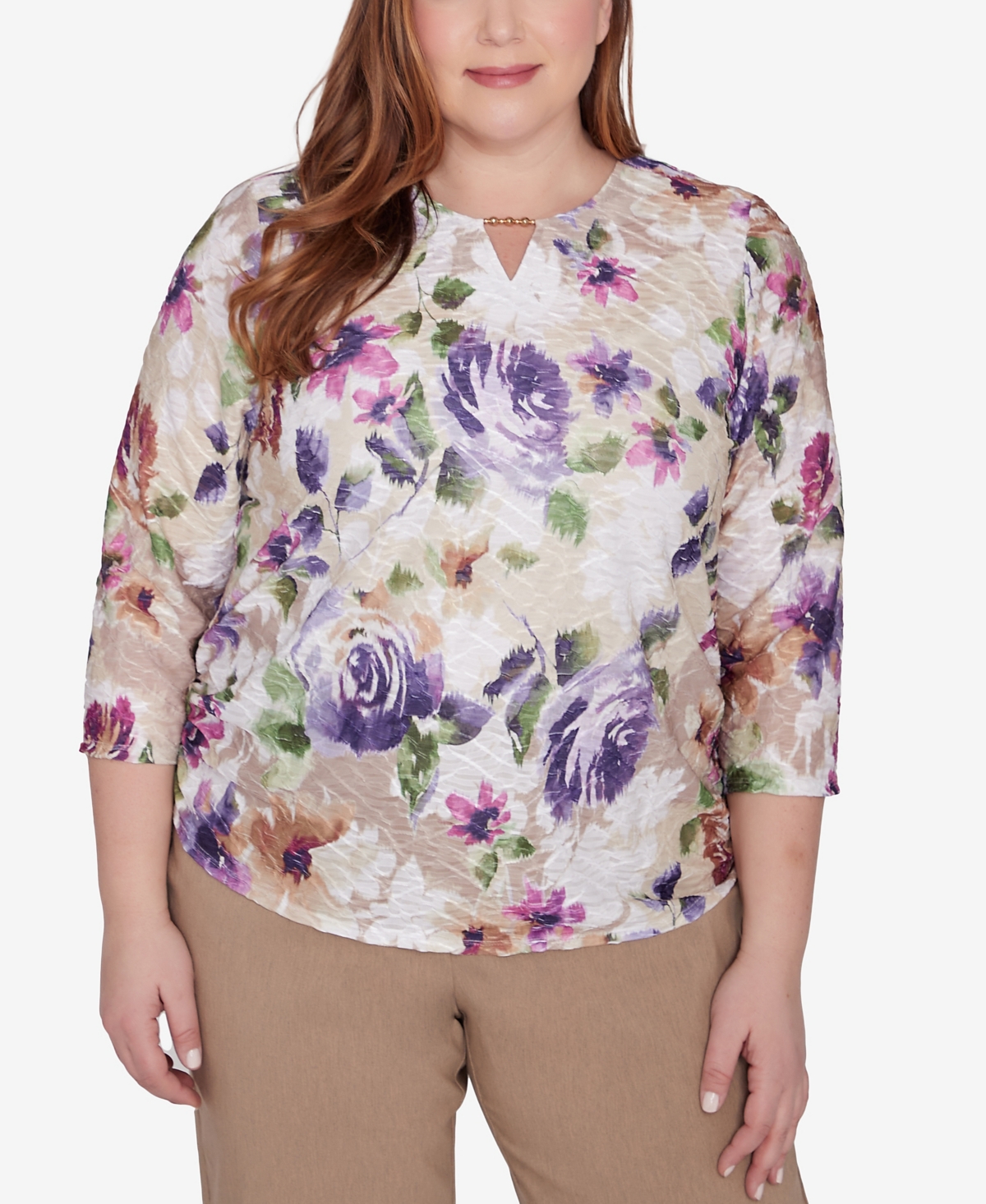 Alfred Dunner Plus Size Charm School Embellished Keyhole Floral Textured Top In Multi