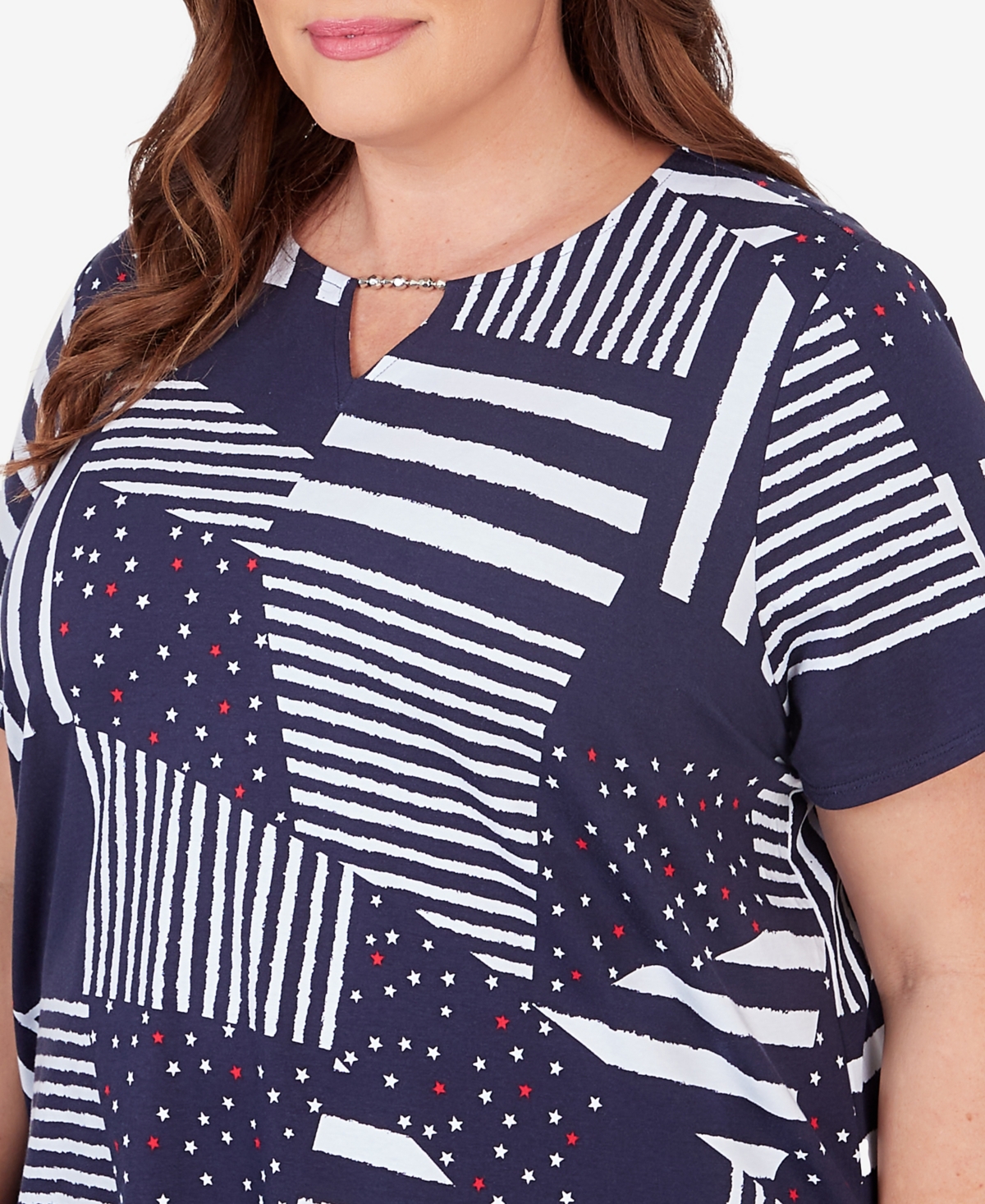 Shop Alfred Dunner Plus Size Stars And Stripes Split Neck Tee In Navy