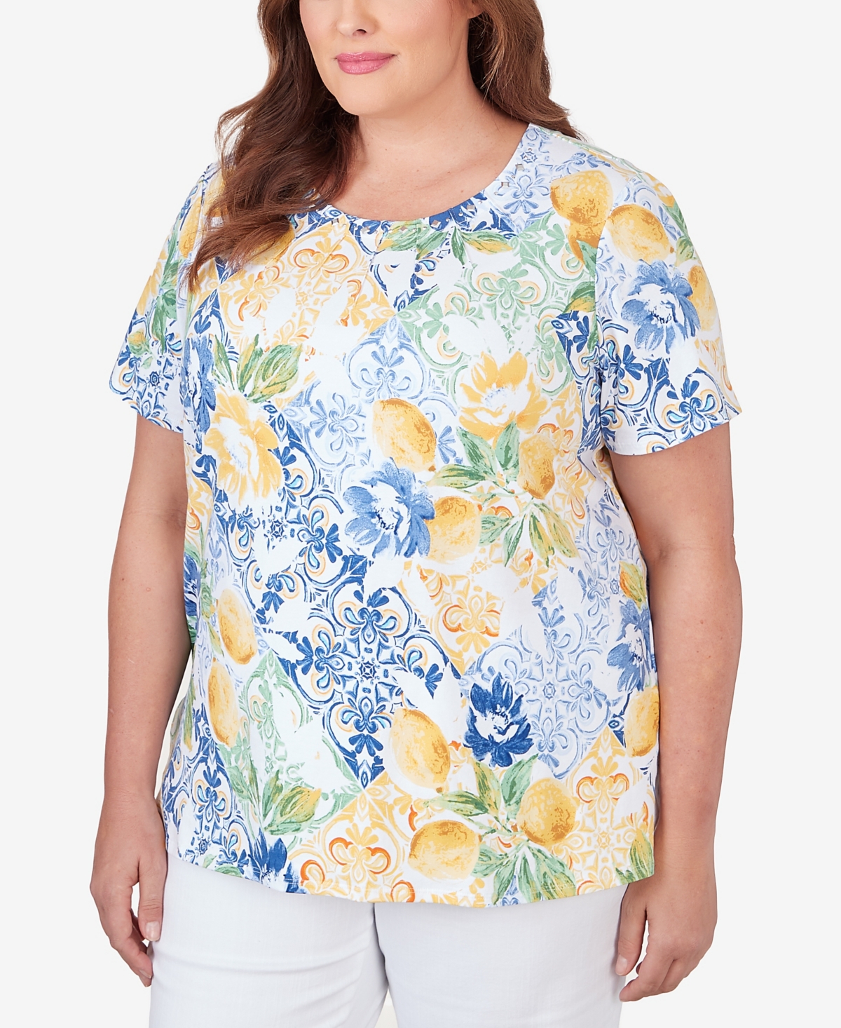 Shop Alfred Dunner Plus Size Pleated Neck Lemons Short Sleeve Top In Multi