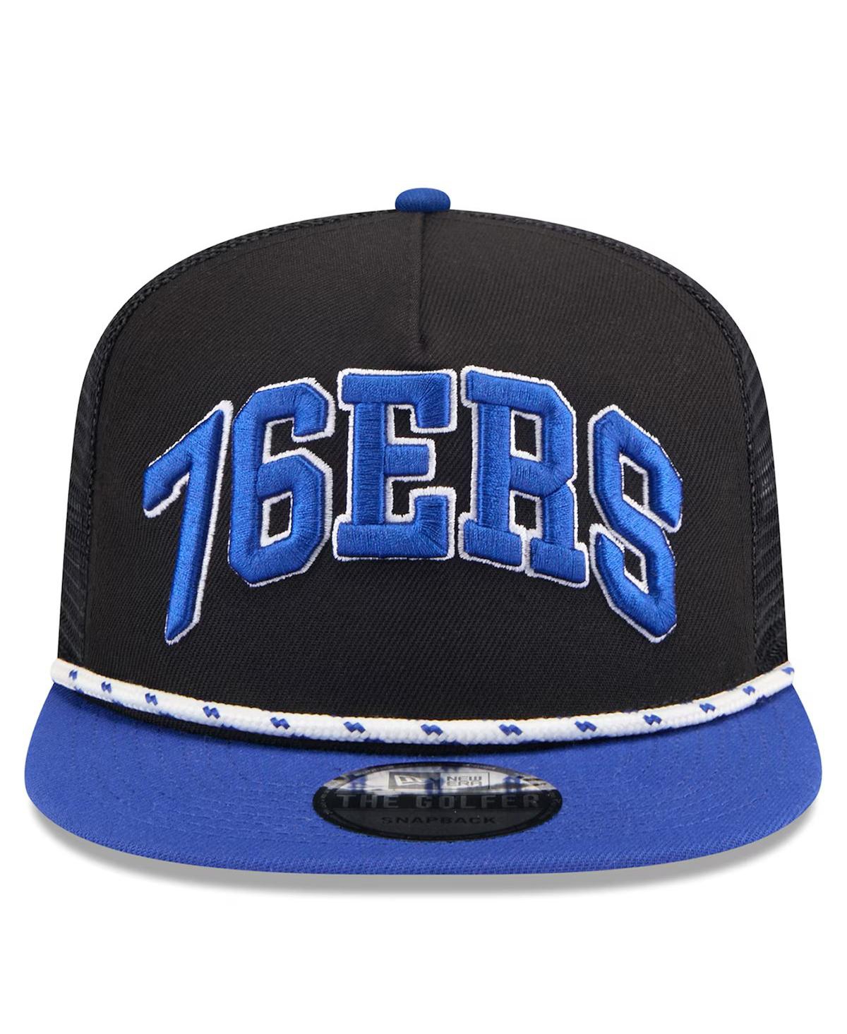 NEW ERA MEN'S BLACK/ROYAL PHILADELPHIA 76ERS THROWBACK TEAM ARCH GOLFER SNAPBACK HAT 