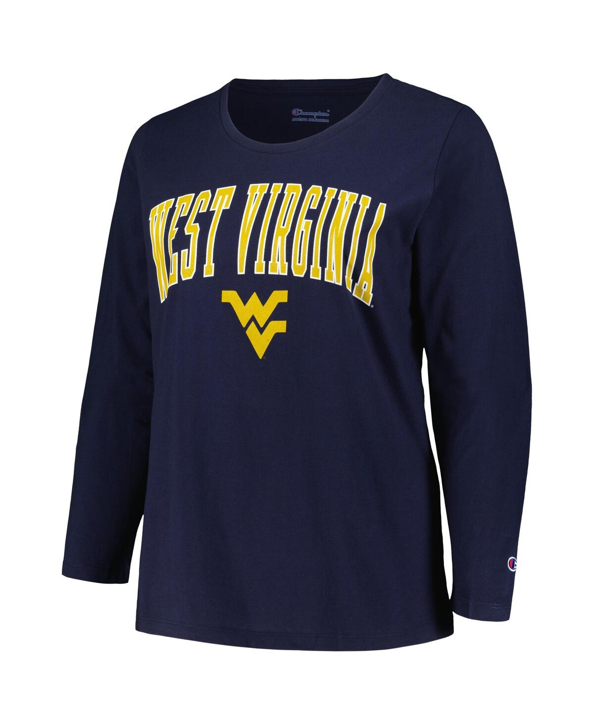 Shop Profile Women's Navy West Virginia Mountaineers Plus Size Arch Over Logo Scoop Neck Long Sleeve T-shirt