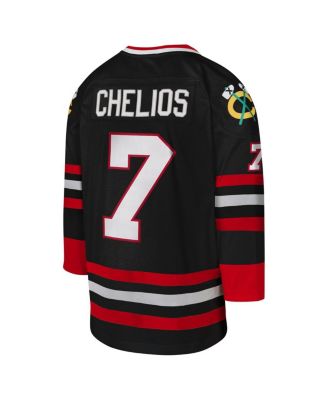 Mitchell Ness Youth Chris Chelios Black Chicago Blackhawks 1997-98 Blue Line Captain Patch Player Jersey