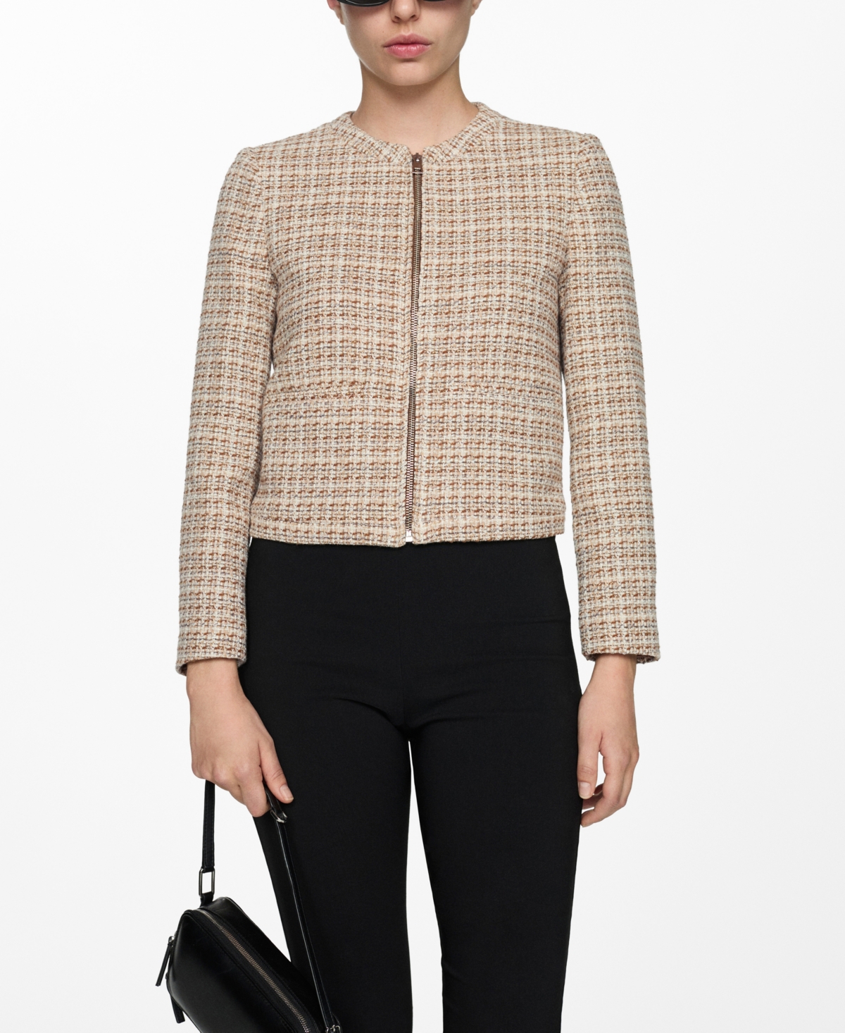 Shop Mango Women's Tweed Zipped Jacket In Brown