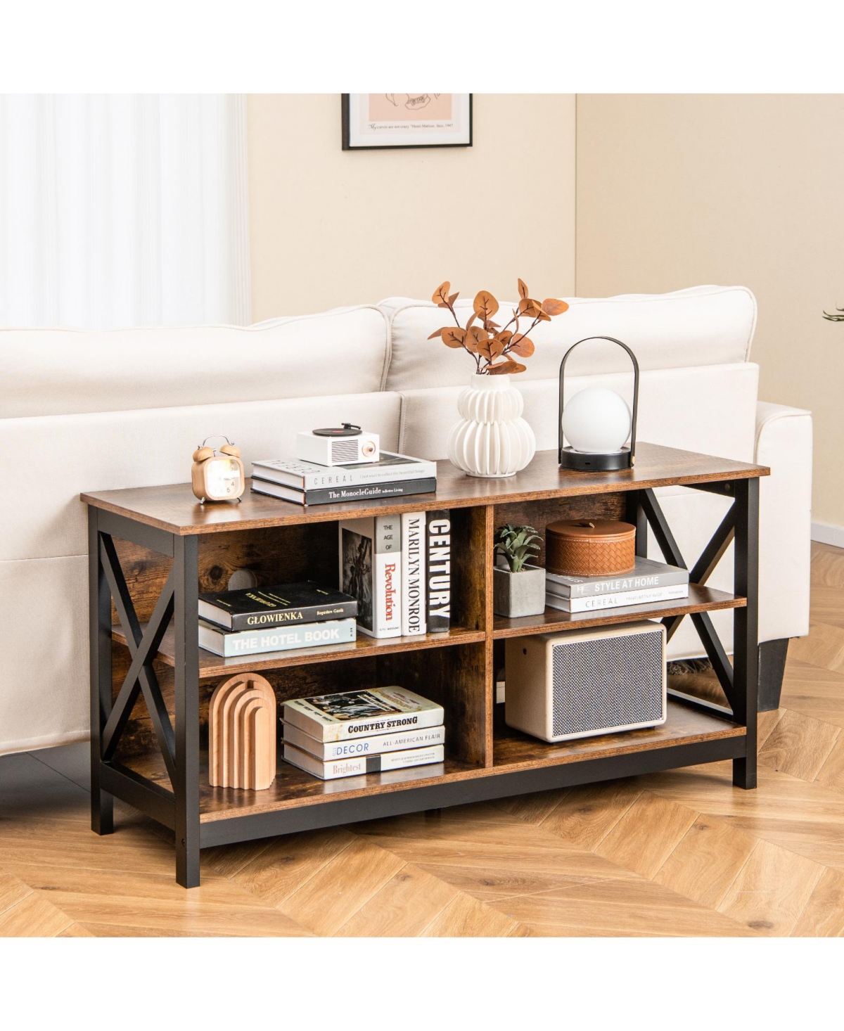 Slickblue Wooden Tv Stand Entertainment for TVs up to 55 Inch with X-Shaped Frame