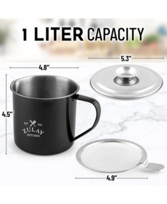 Stainless Steel Bacon Grease Container With Strainer, Lid & Handle