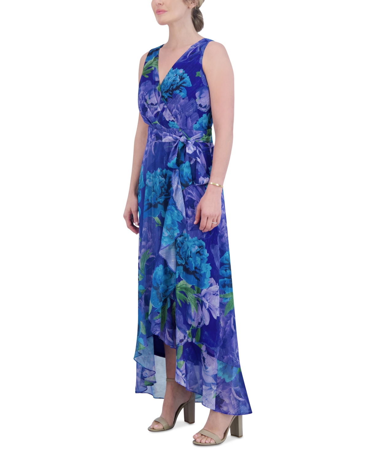 Shop Jessica Howard Women's Metallic Tie-waist Ruffle-hem Dress In Blue