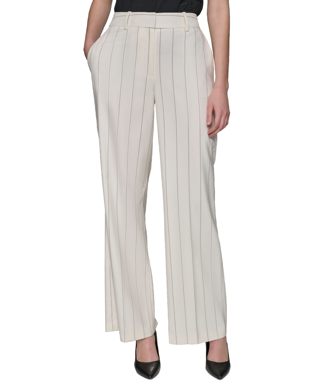 Shop Karl Lagerfeld Women's Pinstriped Wide-leg Pants In Soft White  Black