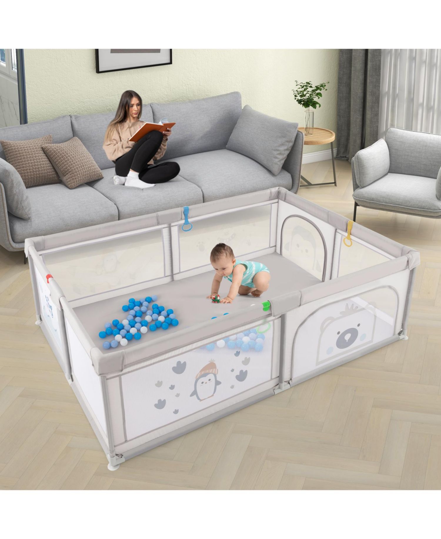 Toddler Large Playpen with Pull Rings Ocean Balls and Cute Pattern-Penguin