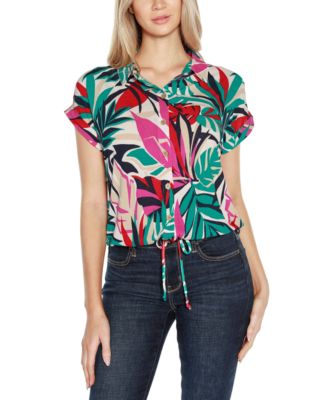 Women's Printed Collared Button-Front Printed Floral Top