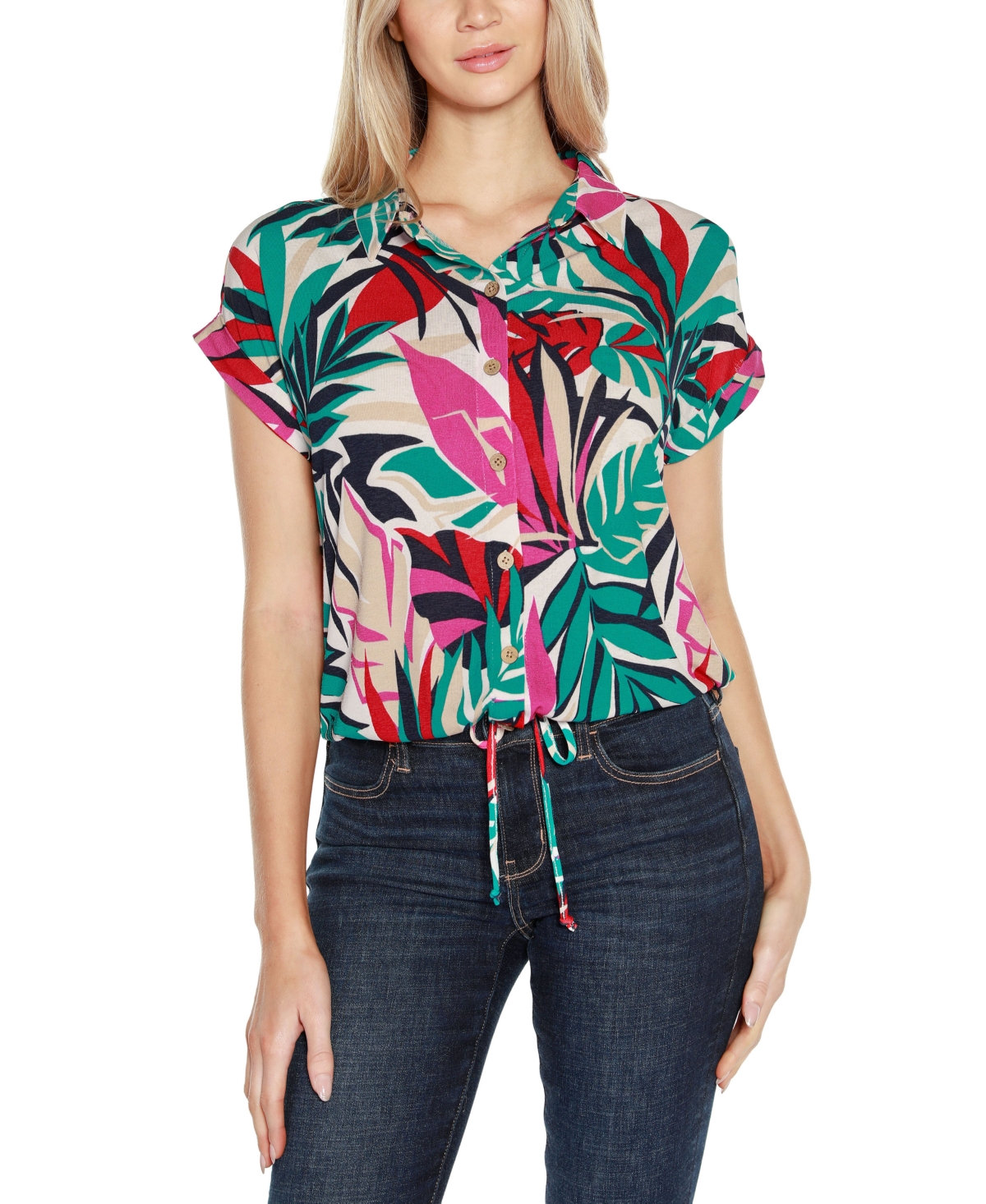 Shop Belldini Women's Printed Collared Button-front Printed Floral Top In Red Combo