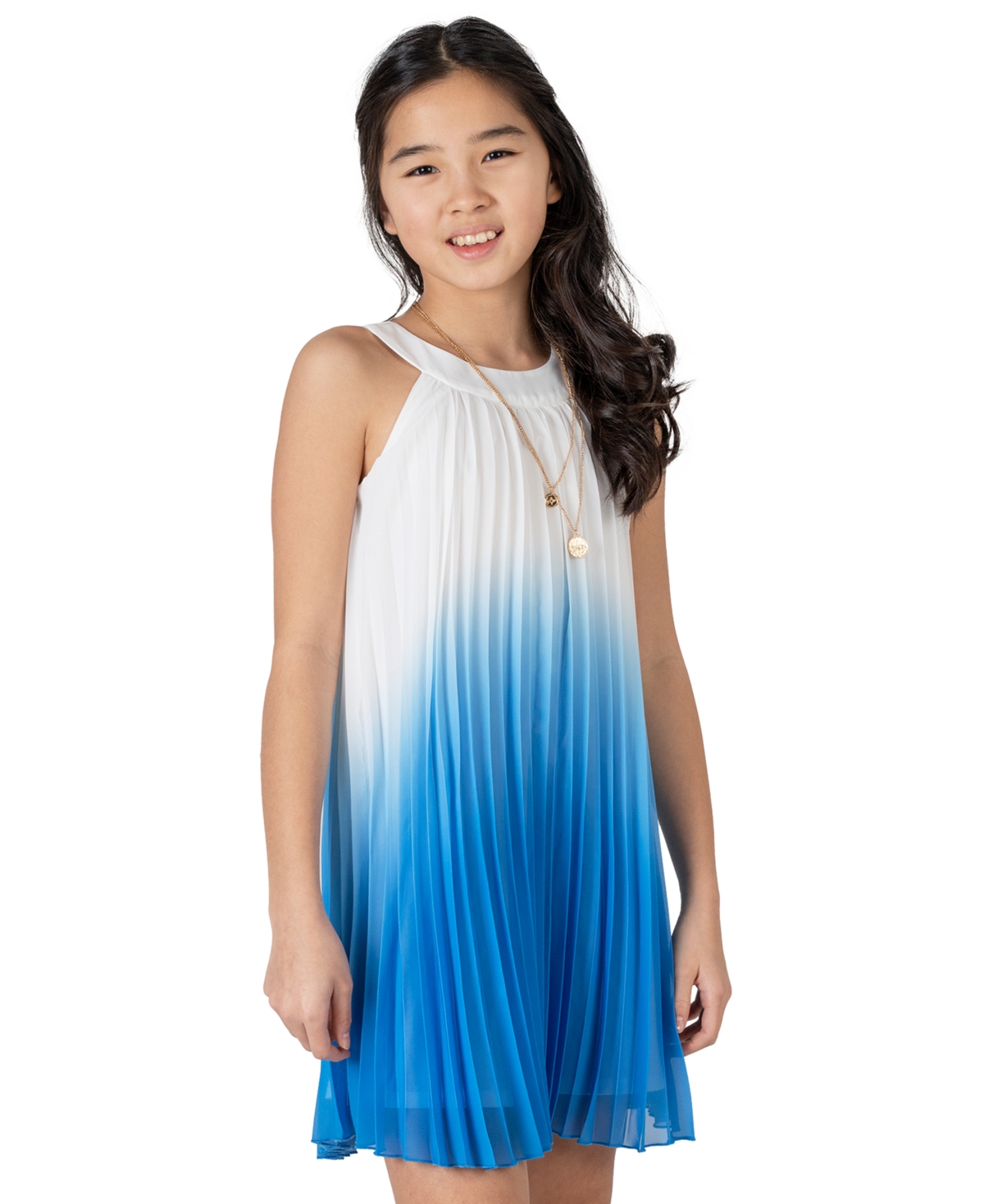 Shop Rare Editions Big Girls Pleated Ombre Dress With Necklace, 2 Piece Set In Royal