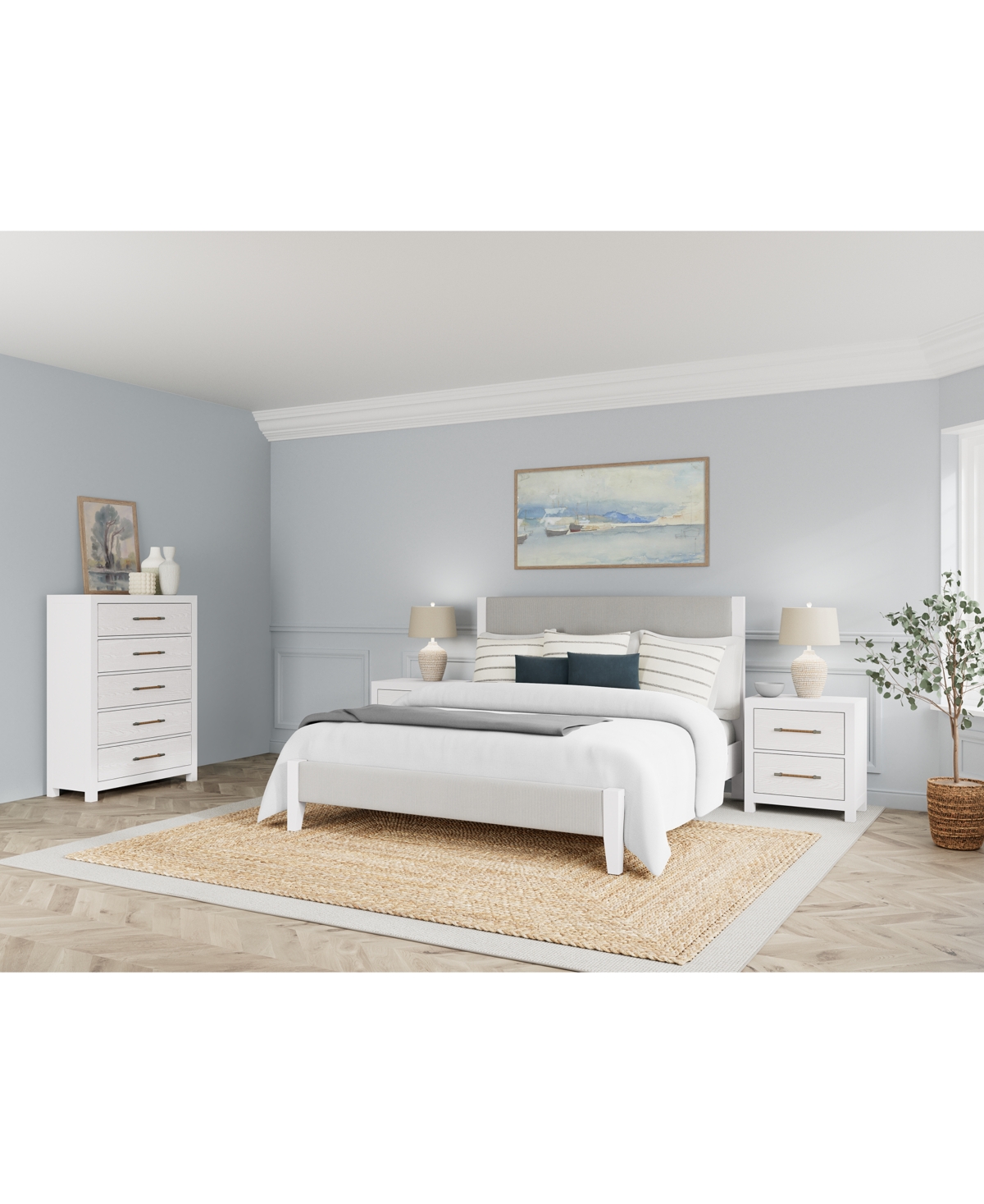 Macy's Catriona 3pc Bedroom Set (queen Upholstered Bed, Chest, 2-drawer Nightstand) In Blue And White Striped