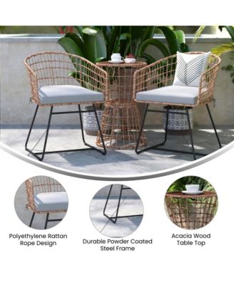 Ari Three Piece All-Weather Rattan Rope Patio Set With Acacia Wood Top Side Table And Two Chairs With Cushions