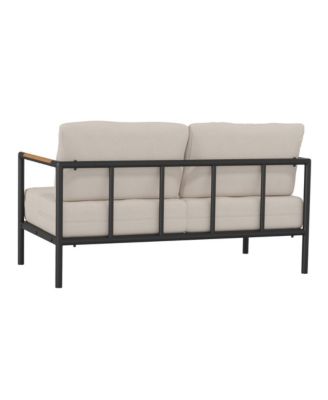 Eastport Outdoor Loveseat With Removable Plush Fabric Cushions And Teak Accented Aluminum Frame