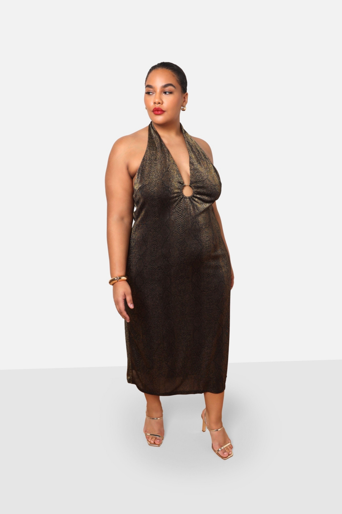 Rebdolls Plus Size Nala Snake Halter Ring Cut Out Midi Slip Dress