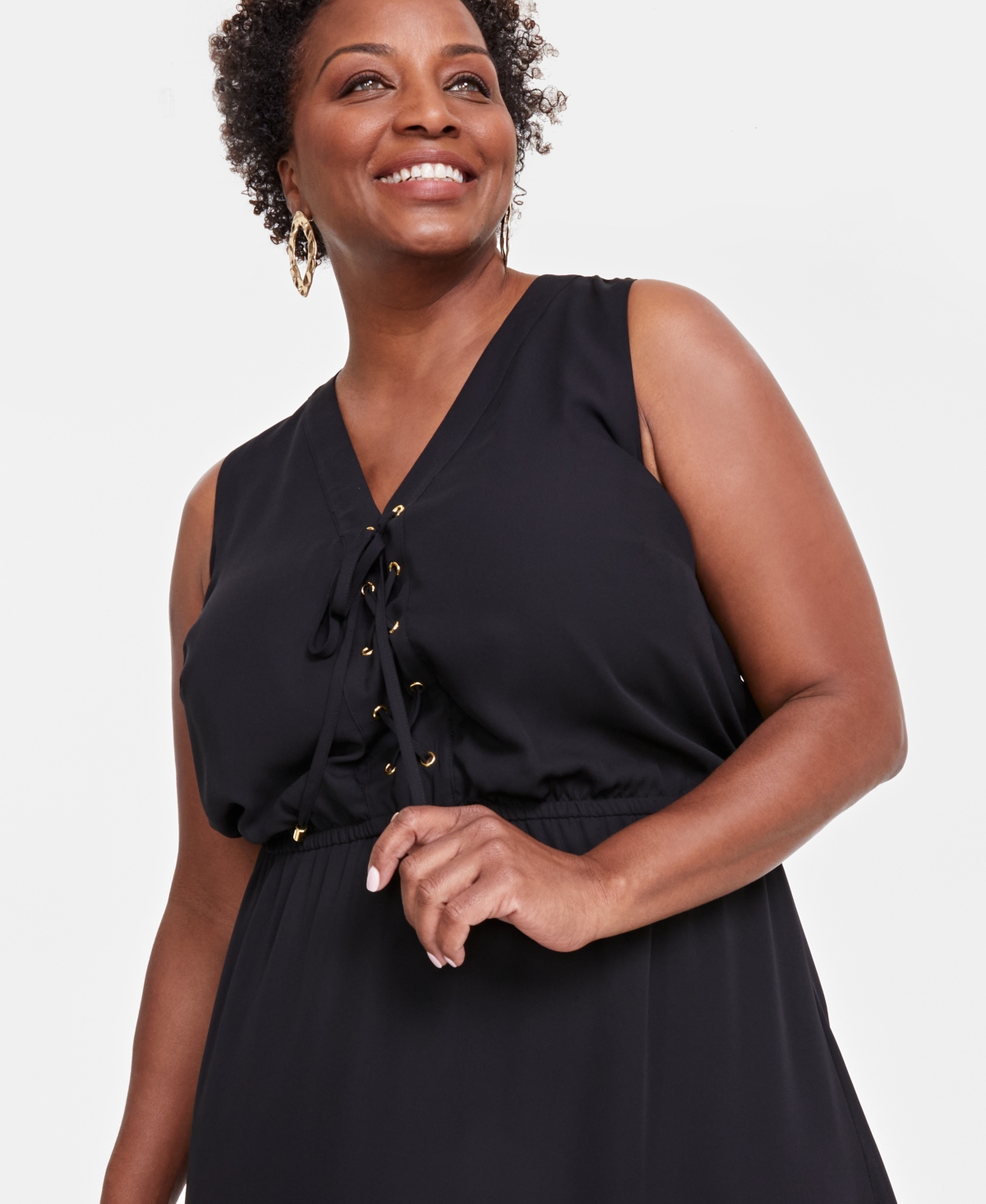 I.n.c. International Concepts Plus Size Solid Sleeveless Tie-Front Elastic-Waist Tiered Dress, Created for Macy's