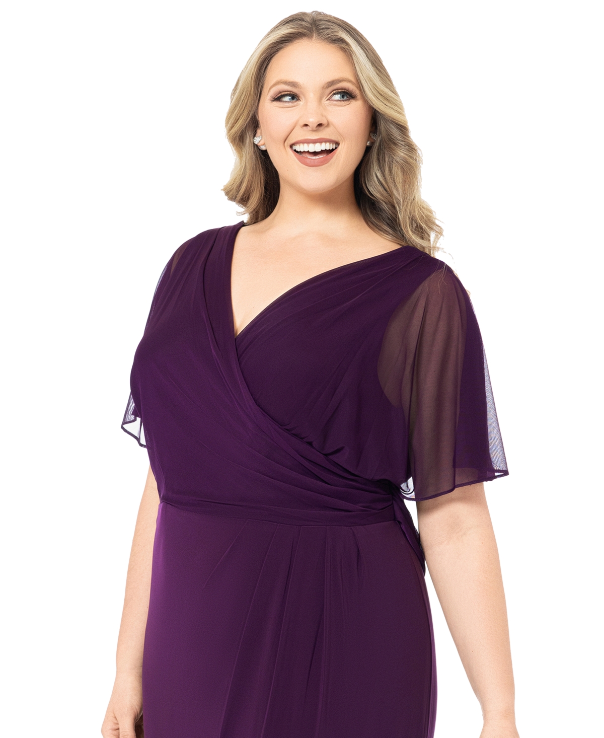 Shop Betsy & Adam Plus Size Draped-back Flutter-sleeve Gown In Plum