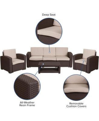 Errol 4 Piece Faux Rattan Patio Furniture Set With 2 Chairs And Sofa With Removable Beige Cushions And Table