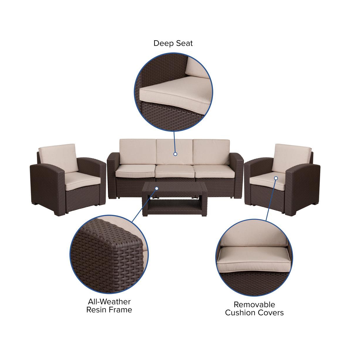 Errol 4 Piece Faux Rattan Patio Furniture Set With 2 Chairs And Sofa With Removable Beige Cushions And Table