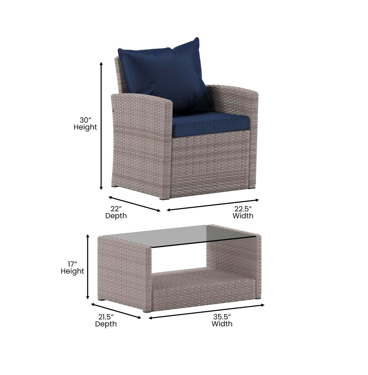 Atlas 4 Piece Patio Set Contemporary Loveseat, 2 Chair And Coffee Table Set With Back Pillows And Seat Cushions -navy