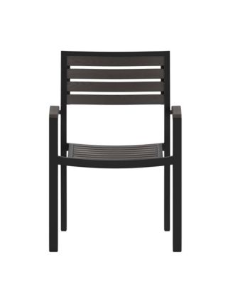 Set Of Two Aluminum Stacking Chairs With Faux Teak Slatted Back And Seat And Faux Teak Accented Arms