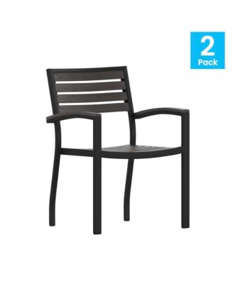Set Of Two Aluminum Stacking Chairs With Faux Teak Slatted Back And Seat And Faux Teak Accented Arms