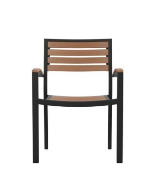Set Of Two Aluminum Stacking Chairs With Faux Teak Slatted Back And Seat And Faux Teak Accented Arms
