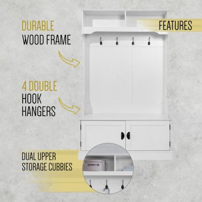 Hall Tree With Double Door Entryway Storage Bench, 4 Hook Coat Rack, Top Storage Cubbies
