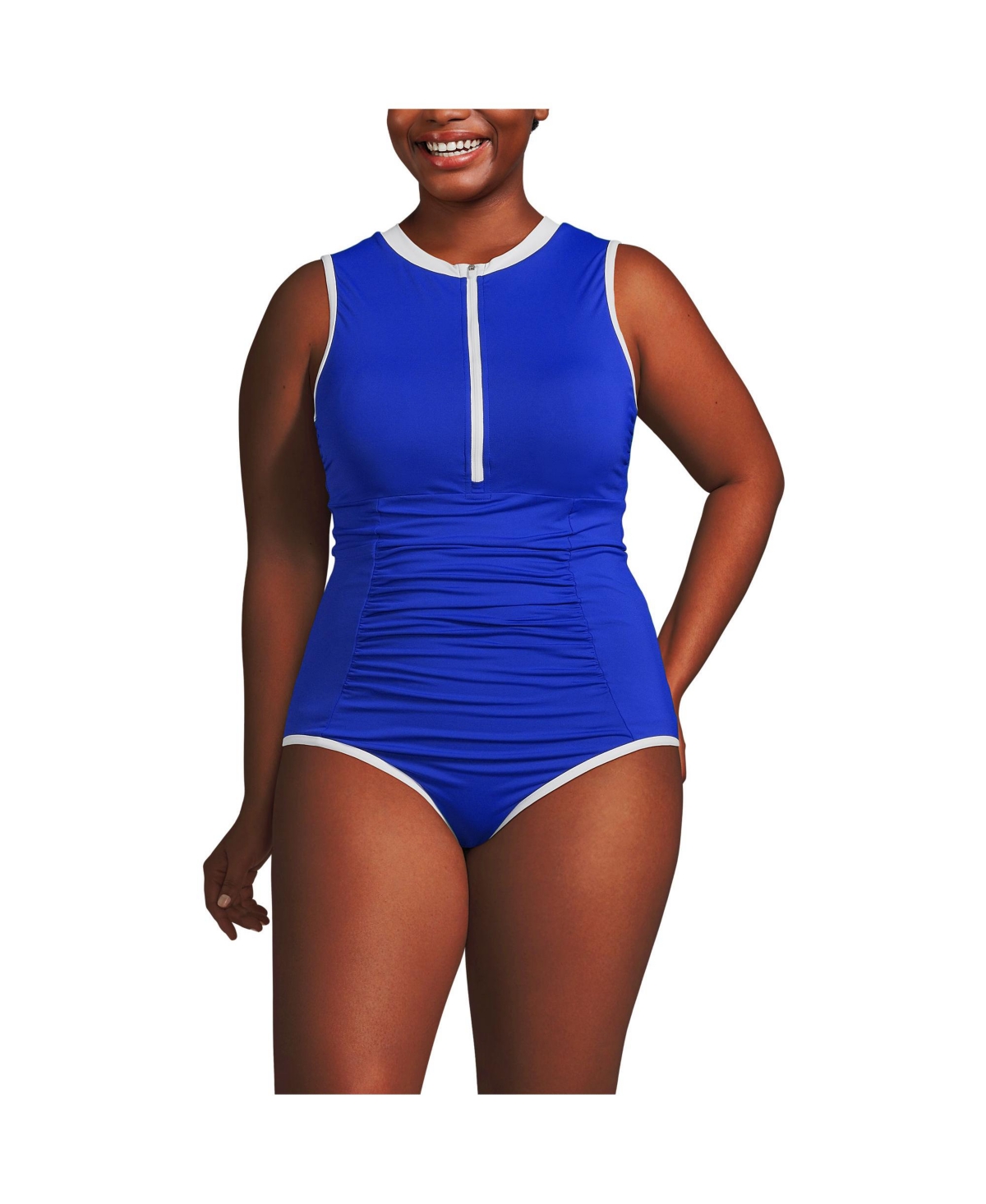 Plus Size Chlorine Resistant High Neck Zip Front One Piece Swimsuit - Electric blue/white