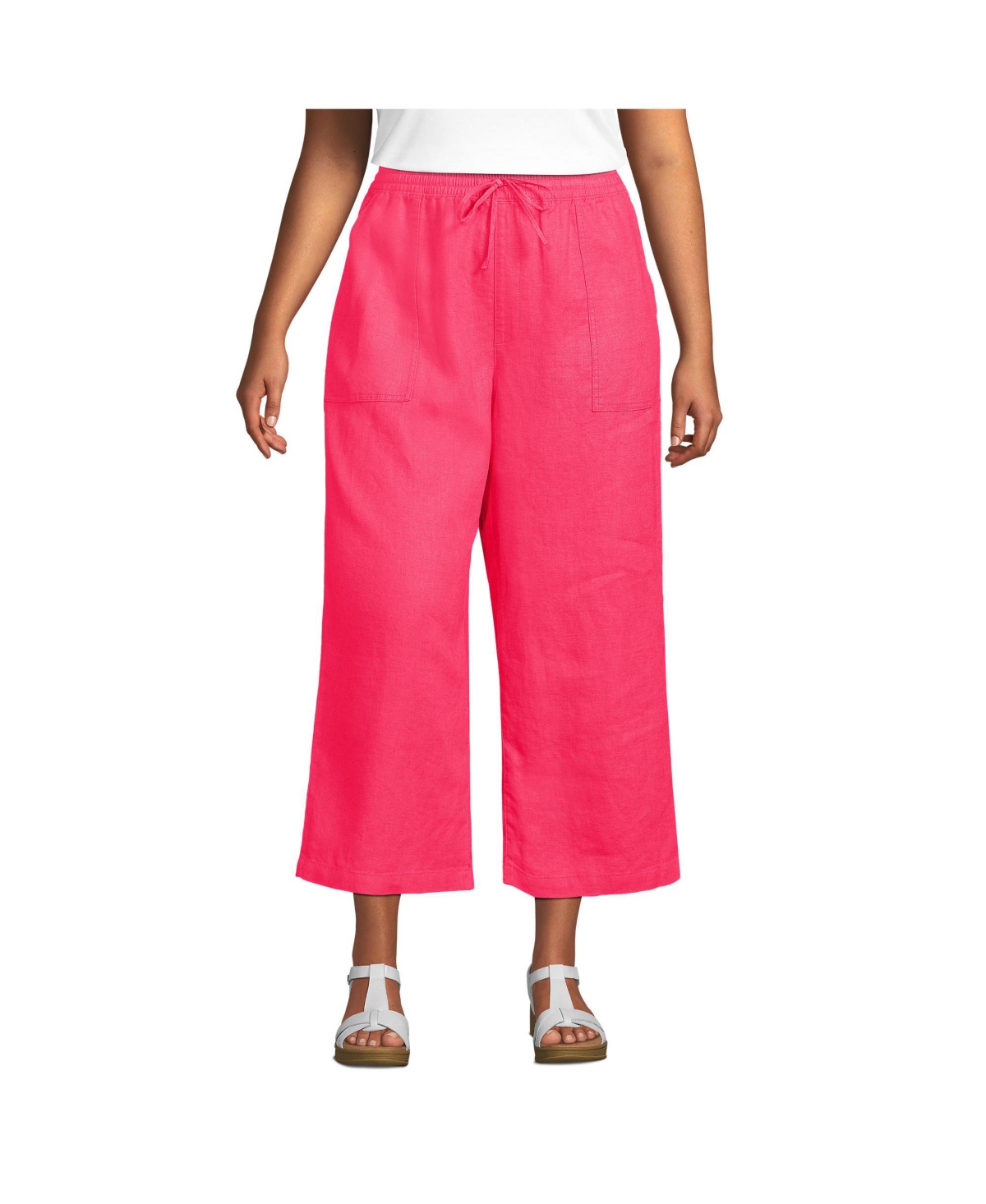 Lands' End Plus Size High Rise Drawstring Linen Wide Leg Crop Pants