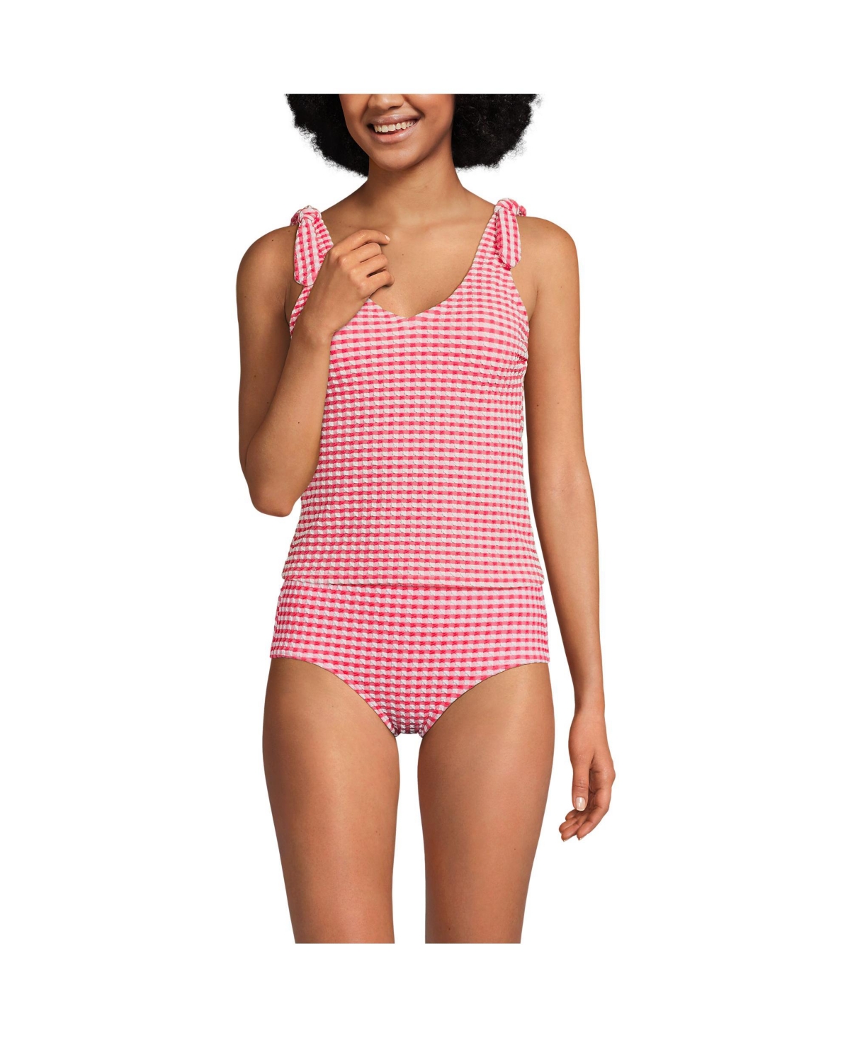 Women's Gingham V-Neck Shoulder Tie Tankini Swimsuit Top - Rouge pink/white gingham
