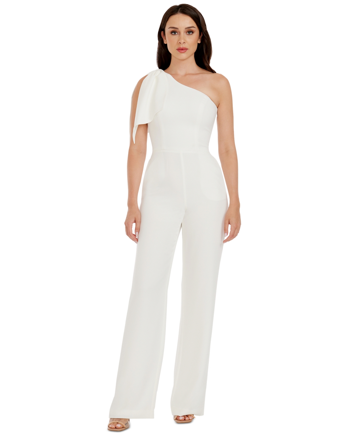 Dress The Population Women's Tiffany Bow-trim One-shoulder Jumpsuit In Off White