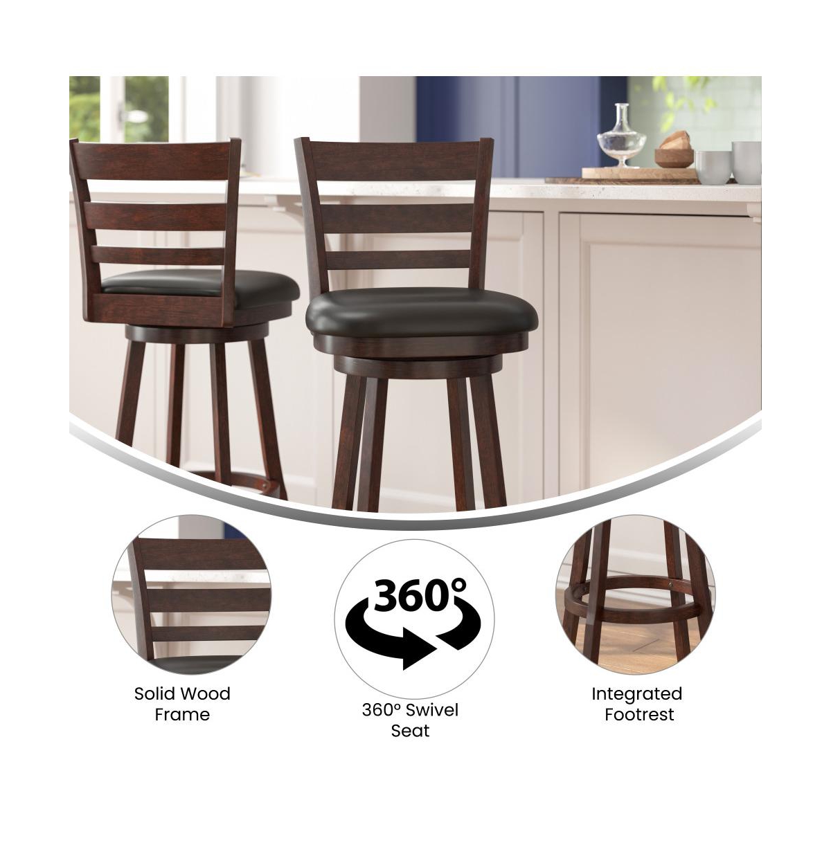 Silla 30" Classic Wooden Ladderback Swivel Bar Height Stool With Upholstered Padded Seat And Integrated Footrest