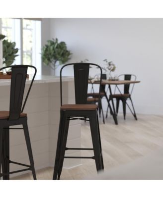 Dothan Metal Dining Stool With Curved Slatted Back And Textured Wood Seat
