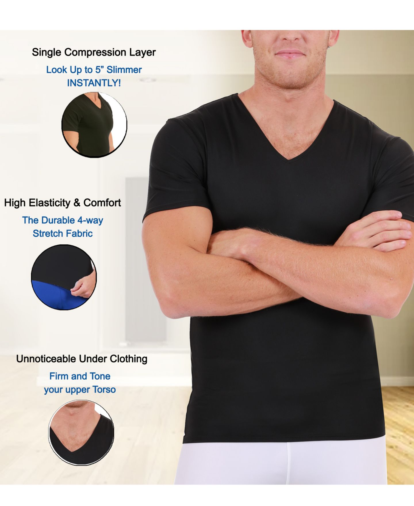 Мужская футболка Instaslim Big & Tall Insta Slim Compression Short Sleeve V-Neck, цвет: Чёрный — фото 4