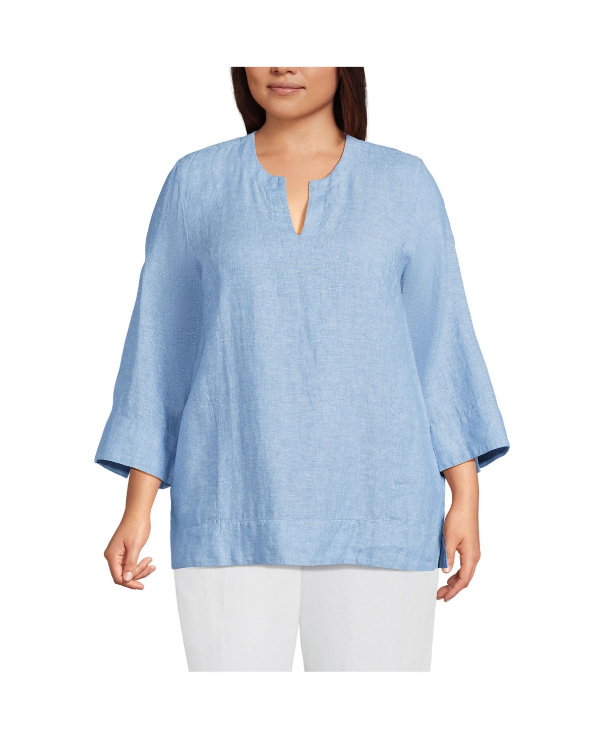Plus Size Linen Split Neck Tunic Top - Soft blue linen