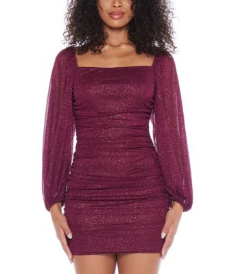 B Darlin - Juniors' Glitter-Mesh Blouson-Sleeve Ruched Dress