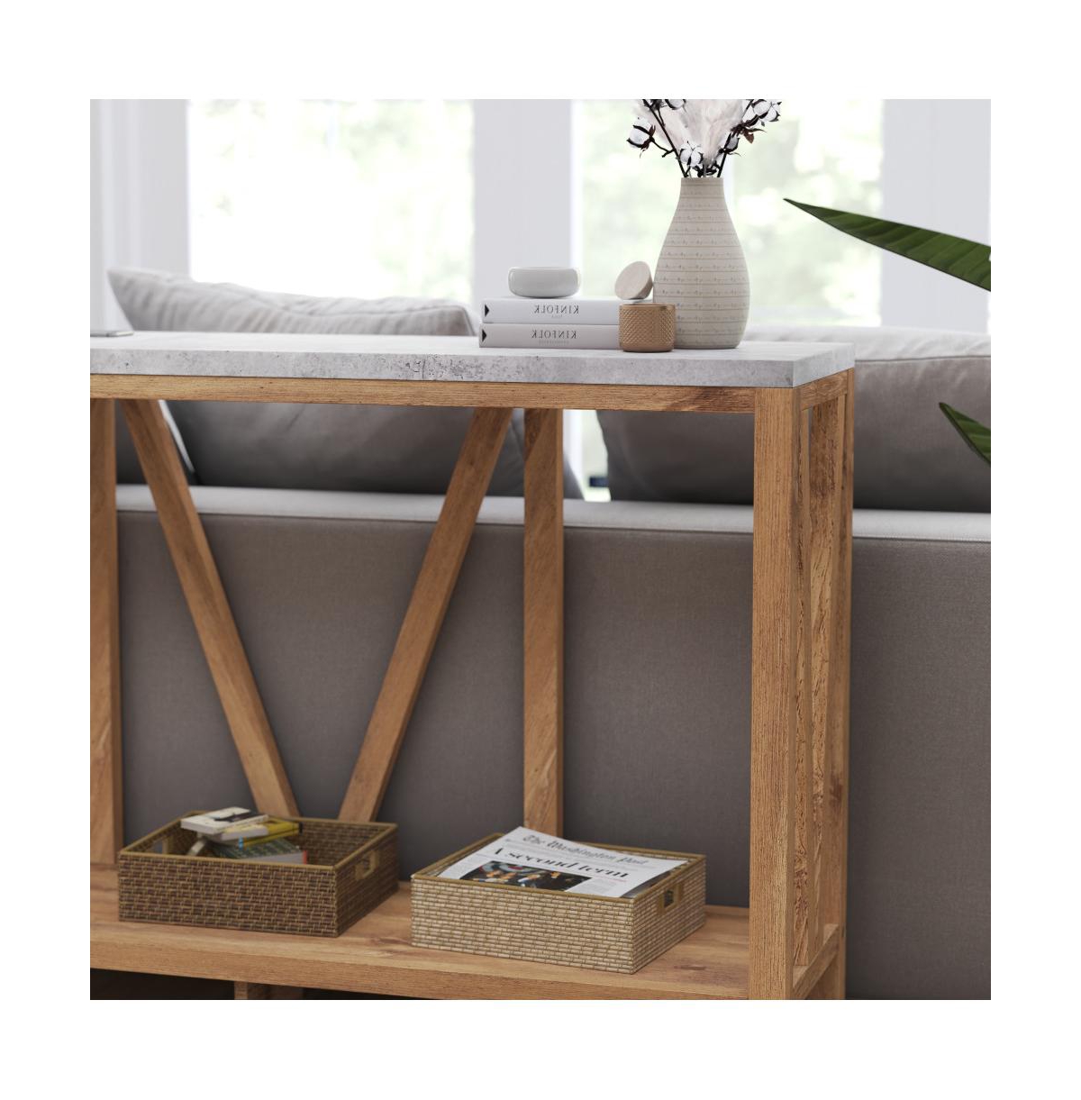 Merrick Lane Erikson Modern Farmhouse Engineered Wood Sofa Table With Wood Bracing And Lower Shelf -concrete