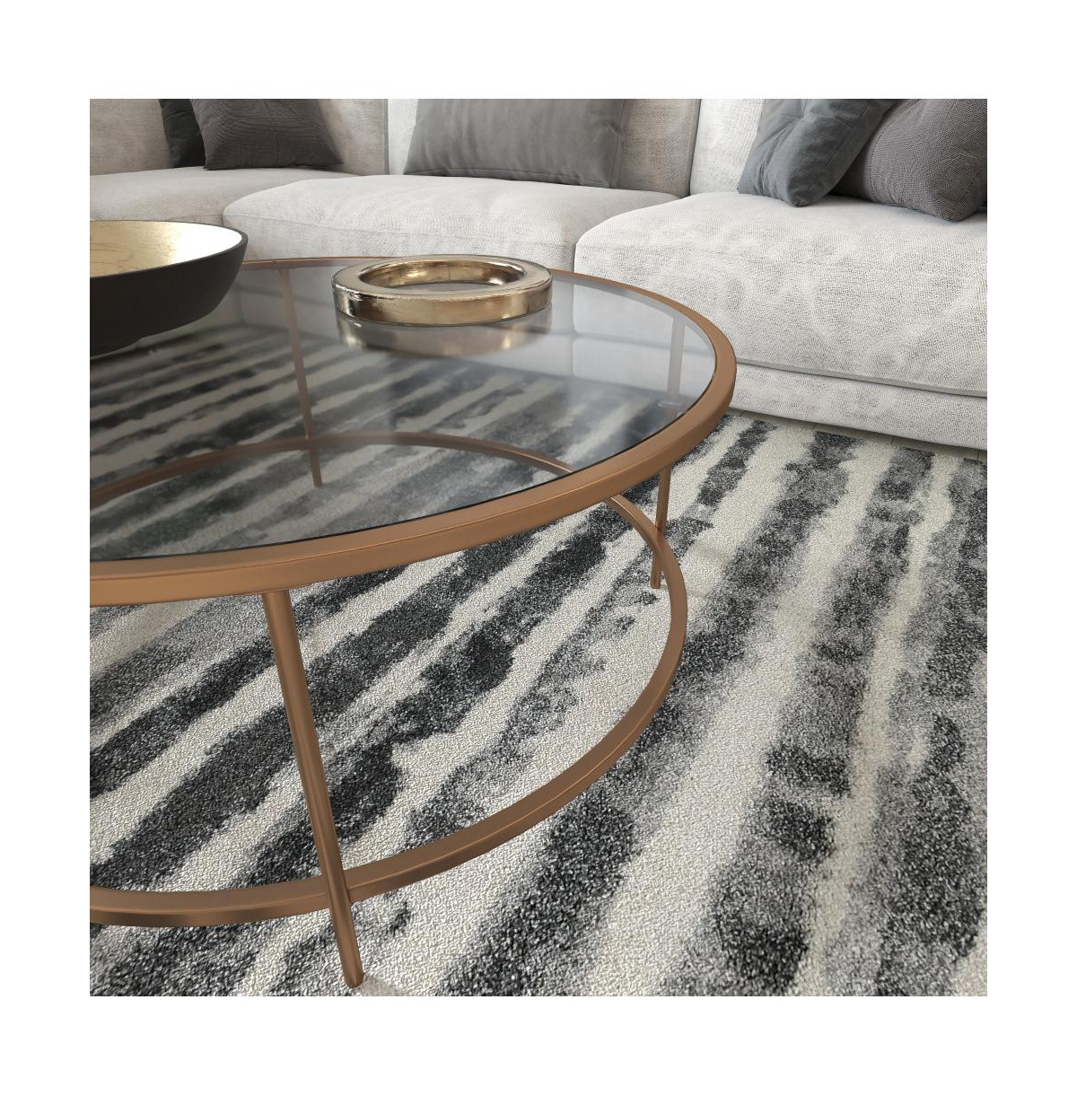 Merrick Lane Newbury Glass Coffee Table With Round Matte Frame And Vertical Legs -brushed gold
