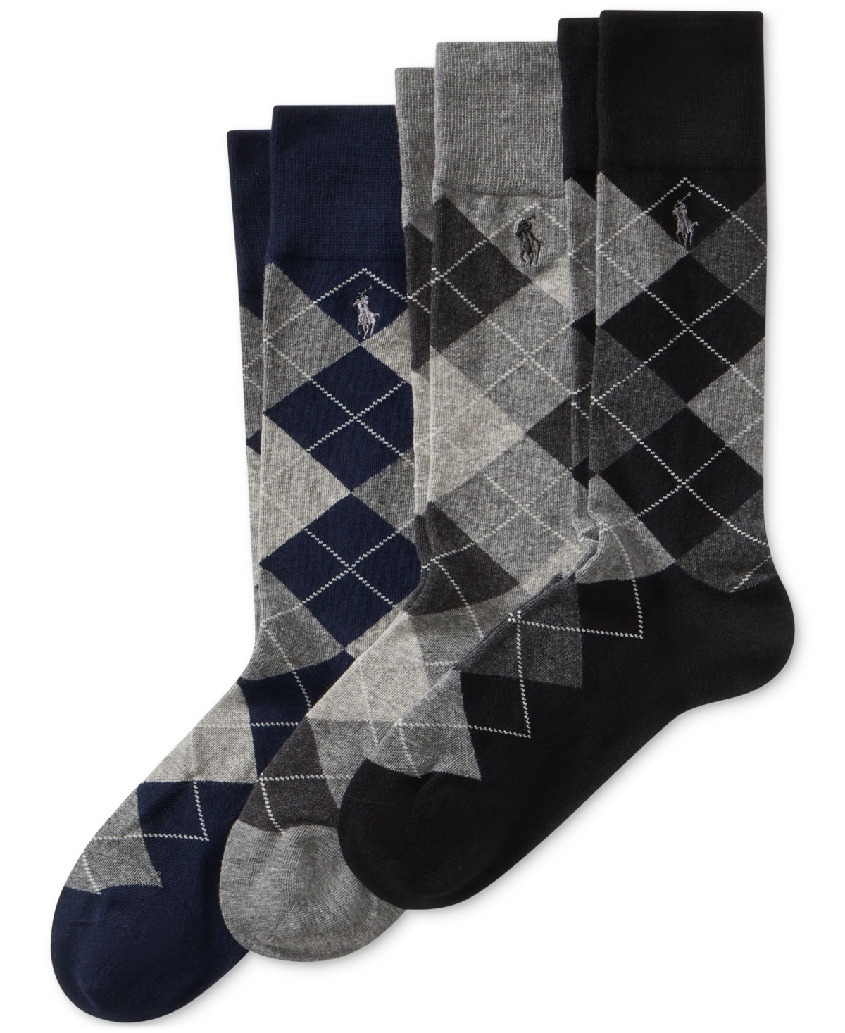 Polo Ralph Lauren Men's Socks, Extended Size Argyle Dress Men's Socks 3-pack In Black,grey