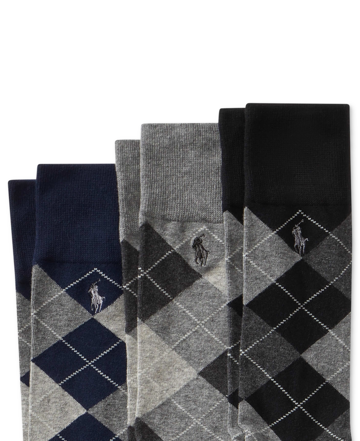 Polo Ralph Lauren Men's Socks, Extended Size Argyle Dress Men's Socks 3-pack In Black,grey