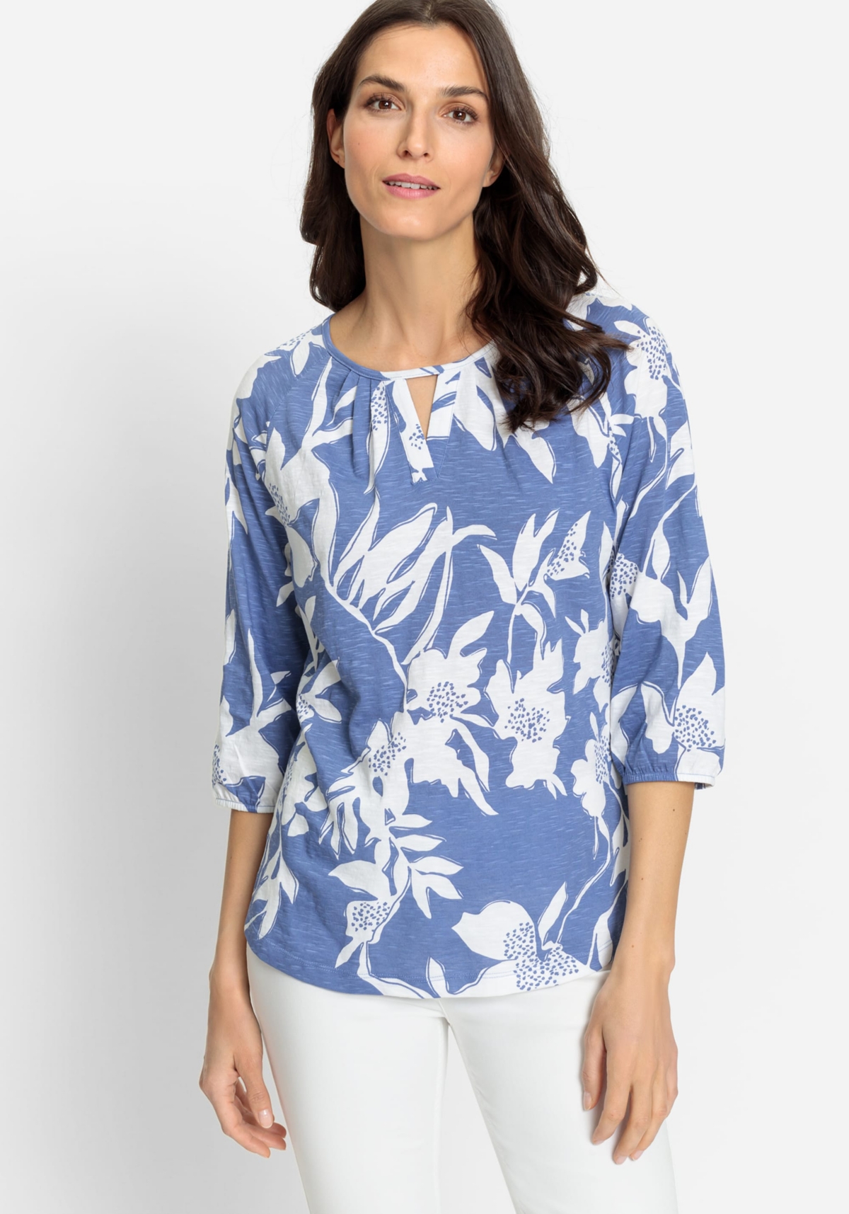 Women's 100% Organic Cotton 3/4 Sleeve Abstract Floral Print T-Shirt - Bleached denim