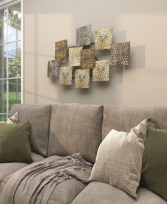 Gold Metal Sunburst Carved Overlapping Square Wall Decor, 43" x 3" x 24"