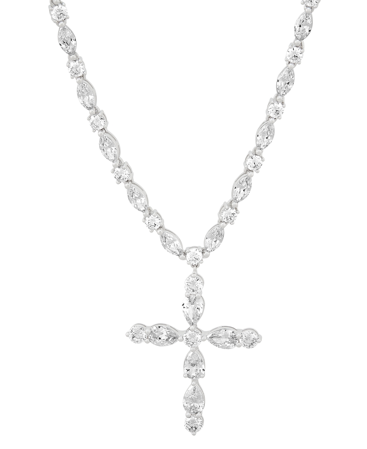 Cubic Zirconia Mixed Cut Cross 18" Pendant Necklace in Sterling Silver - Sterling Silver
