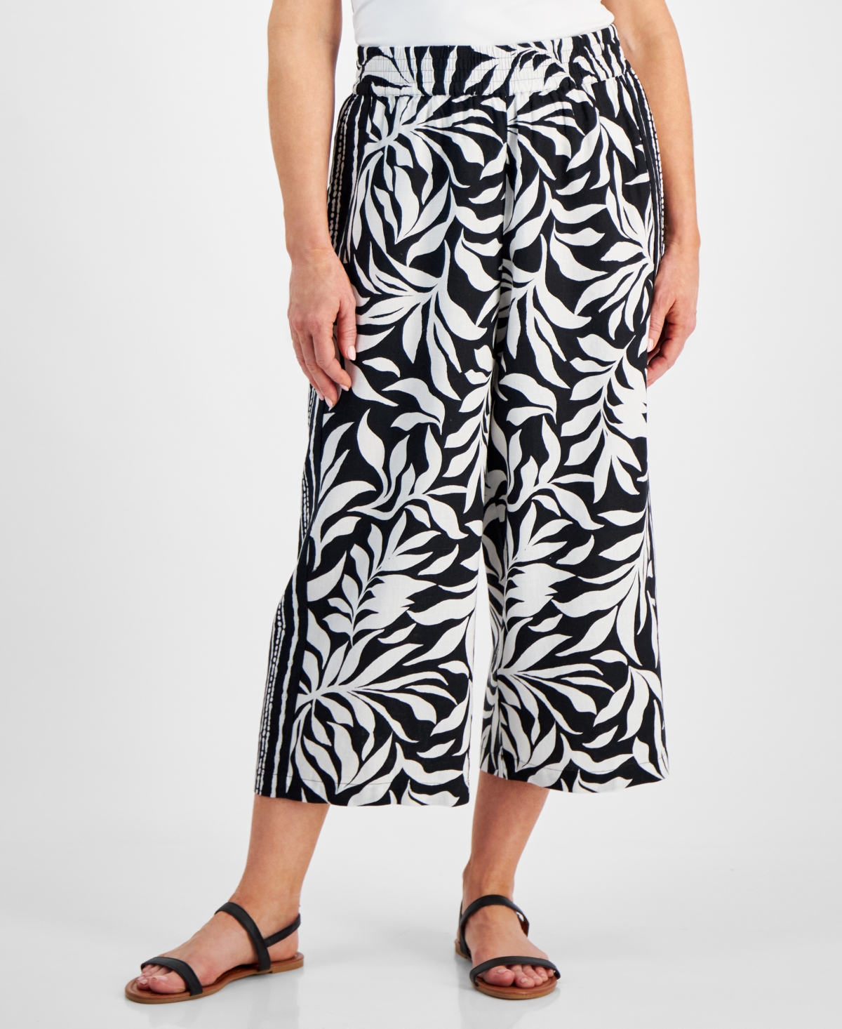 Style & Co Petite Printed Mid Rise Cropped Wide Leg Linen-Blend Pants, Created for Macy's
